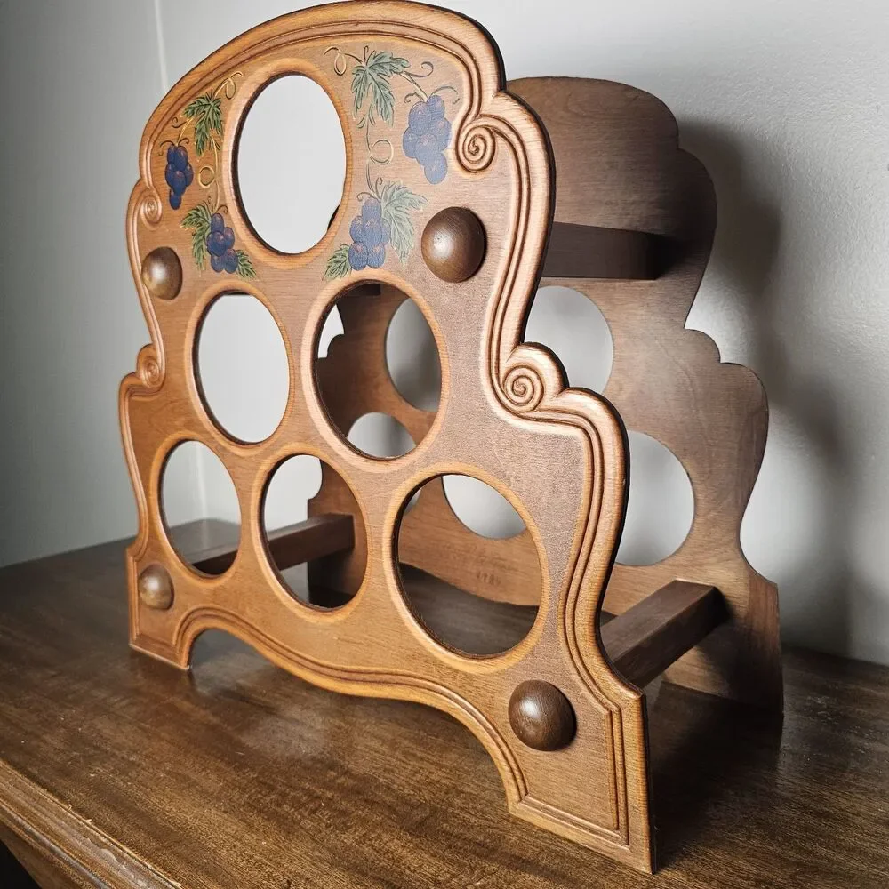 Vintage 1980s Wooden Wine Rack Hand Painted Grapes Holds 6 Bottles Rustic